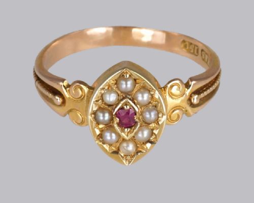 NTIQUE 15CT GOLD RUBY PEARL RING VICTORIAN MARQUISE SHAPED ENGLISH RING CIRCA 1870 - ADDITIONAL PHOTO 5