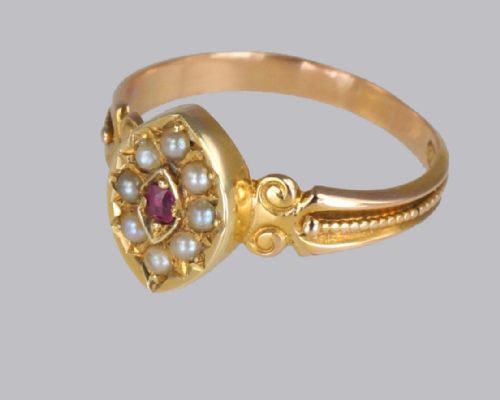 NTIQUE 15CT GOLD RUBY PEARL RING VICTORIAN MARQUISE SHAPED ENGLISH RING CIRCA 1870 - ADDITIONAL PHOTO 6