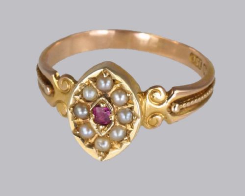 NTIQUE 15CT GOLD RUBY PEARL RING VICTORIAN MARQUISE SHAPED ENGLISH RING CIRCA 1870 - ADDITIONAL PHOTO 9
