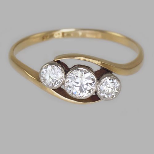 ART DECO TRILOGY RING ANTIQUE 090CT OLD CUT DIAMOND 18CT GOLD 1920'S TWIST RING - ADDITIONAL PHOTO 3