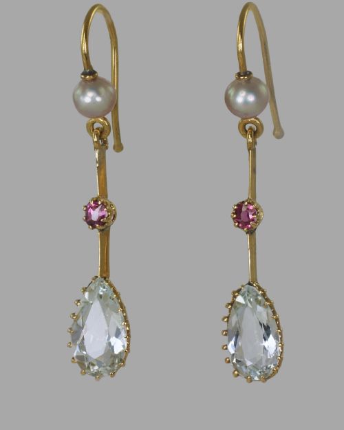 antique dangle earrings 18ct gold aquamarine ruby pearl edwardian drop earrings - CATEGORY: ANTIQUE JEWELLERY - DATED EDWARDIAN
