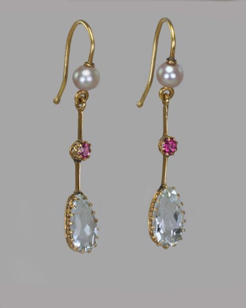 ANTIQUE DANGLE EARRINGS 18CT GOLD AQUAMARINE RUBY PEARL EDWARDIAN DROP EARRINGS - ADDITIONAL PHOTO 1