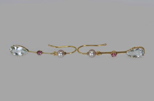 ANTIQUE DANGLE EARRINGS 18CT GOLD AQUAMARINE RUBY PEARL EDWARDIAN DROP EARRINGS - ADDITIONAL PHOTO 3