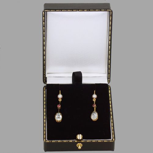 ANTIQUE DANGLE EARRINGS 18CT GOLD AQUAMARINE RUBY PEARL EDWARDIAN DROP EARRINGS - ADDITIONAL PHOTO 5