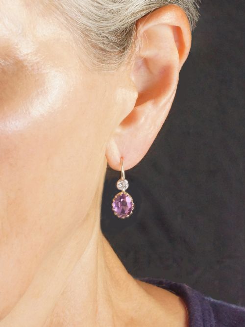 EDWARDIAN AMETHYST OLD CUT DIAMOND DROP EARRINGS ANTIQUE 18CT GOLD 1 DANGLE EARRINGS - ADDITIONAL PHOTO 1