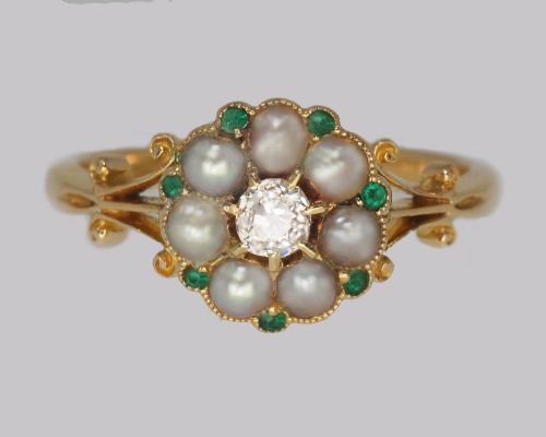 antique diamond pearl emerald cluster ring edwardian gold hallmarked 1910 - CATEGORY: ANTIQUE JEWELLERY - DATED EDWARDIAN
