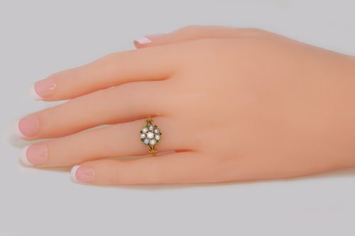 ANTIQUE DIAMOND PEARL EMERALD CLUSTER RING EDWARDIAN GOLD HALLMARKED 1910 - ADDITIONAL PHOTO 1