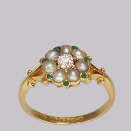 ANTIQUE DIAMOND PEARL EMERALD CLUSTER RING EDWARDIAN GOLD HALLMARKED 1910 - ADDITIONAL PHOTO 2