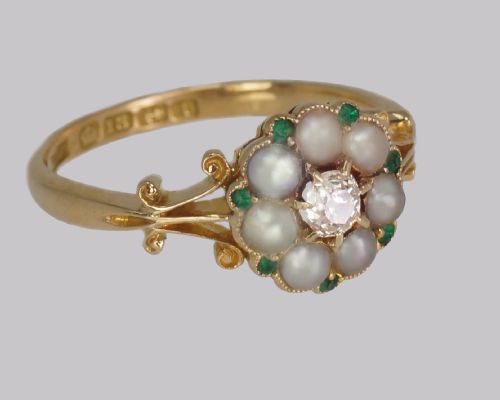 ANTIQUE DIAMOND PEARL EMERALD CLUSTER RING EDWARDIAN GOLD HALLMARKED 1910 - ADDITIONAL PHOTO 3