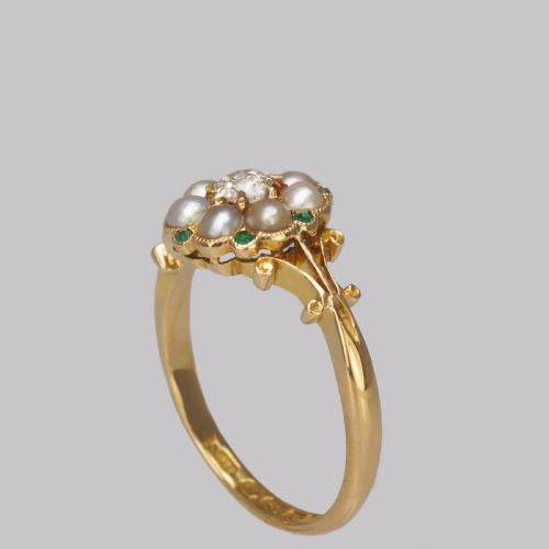 ANTIQUE DIAMOND PEARL EMERALD CLUSTER RING EDWARDIAN GOLD HALLMARKED 1910 - ADDITIONAL PHOTO 4