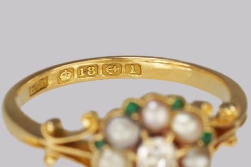 ANTIQUE DIAMOND PEARL EMERALD CLUSTER RING EDWARDIAN GOLD HALLMARKED 1910 - ADDITIONAL PHOTO 5