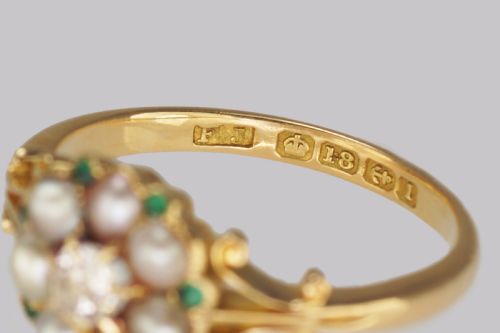 ANTIQUE DIAMOND PEARL EMERALD CLUSTER RING EDWARDIAN GOLD HALLMARKED 1910 - ADDITIONAL PHOTO 6