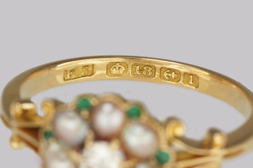 ANTIQUE DIAMOND PEARL EMERALD CLUSTER RING EDWARDIAN GOLD HALLMARKED 1910 - ADDITIONAL PHOTO 7
