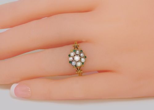 ANTIQUE DIAMOND PEARL EMERALD CLUSTER RING EDWARDIAN GOLD HALLMARKED 1910 - ADDITIONAL PHOTO 8
