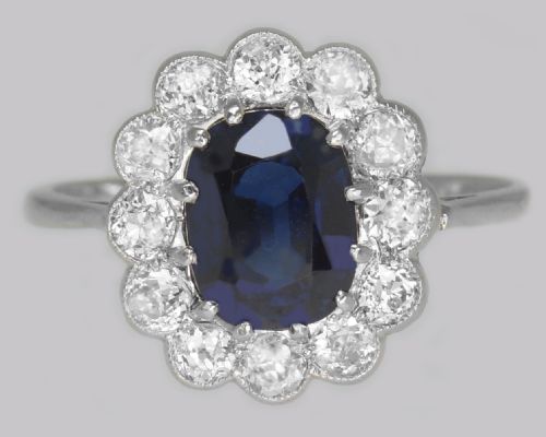 edwardian sapphire old cut diamond cluster ring vintage 18ct gold platinum ring - CATEGORY: ANTIQUE JEWELLERY - DATED EDWARDIAN