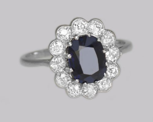 EDWARDIAN SAPPHIRE OLD CUT DIAMOND CLUSTER RING VINTAGE 18CT GOLD PLATINUM RING - ADDITIONAL PHOTO 4