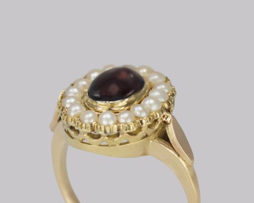ANTIQUE GARNET NATURAL PEARL RING MID VICTORIAN 18CT GOLD RING CIRCA 1860 - ADDITIONAL PHOTO 2