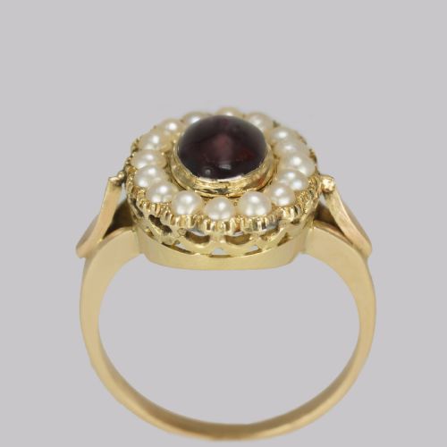 ANTIQUE GARNET NATURAL PEARL RING MID VICTORIAN 18CT GOLD RING CIRCA 1860 - ADDITIONAL PHOTO 3