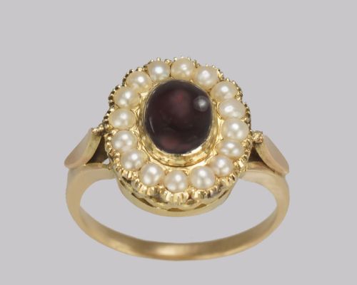 ANTIQUE GARNET NATURAL PEARL RING MID VICTORIAN 18CT GOLD RING CIRCA 1860 - ADDITIONAL PHOTO 4