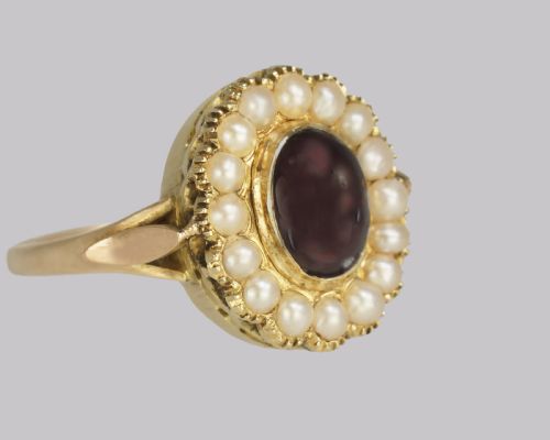 ANTIQUE GARNET NATURAL PEARL RING MID VICTORIAN 18CT GOLD RING CIRCA 1860 - ADDITIONAL PHOTO 5