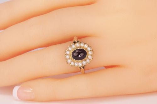 ANTIQUE GARNET NATURAL PEARL RING MID VICTORIAN 18CT GOLD RING CIRCA 1860 - ADDITIONAL PHOTO 11