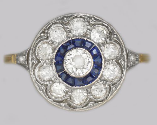 art deco sapphire diamond target ring antique 1920's 18ct gold cluster ring - CATEGORY: ANTIQUE JEWELLERY - DATED 1920
