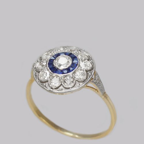 ART DECO SAPPHIRE DIAMOND TARGET RING ANTIQUE 1920'S 18CT GOLD CLUSTER RING - ADDITIONAL PHOTO 7