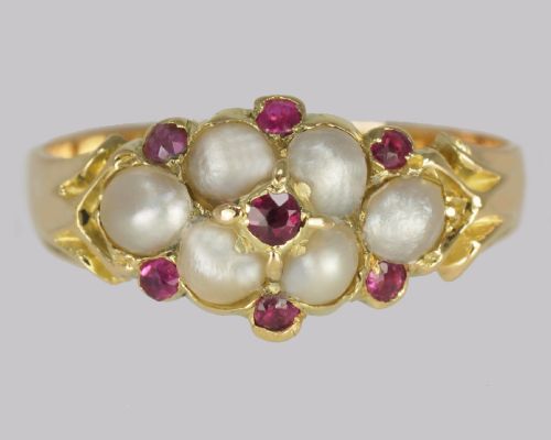 victorian ruby pearl ring antique 18ct gold cluster ring circa 1880 - CATEGORY: ANTIQUE JEWELLERY - DATED VICTORIAN