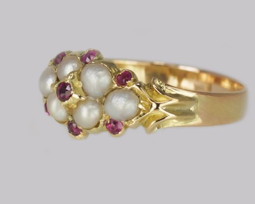 VICTORIAN RUBY PEARL RING ANTIQUE 18CT GOLD CLUSTER RING CIRCA 1880 - ADDITIONAL PHOTO 2