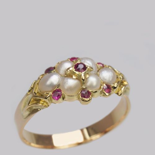 VICTORIAN RUBY PEARL RING ANTIQUE 18CT GOLD CLUSTER RING CIRCA 1880 - ADDITIONAL PHOTO 3