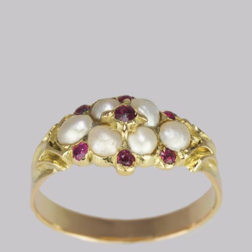 VICTORIAN RUBY PEARL RING ANTIQUE 18CT GOLD CLUSTER RING CIRCA 1880 - ADDITIONAL PHOTO 4