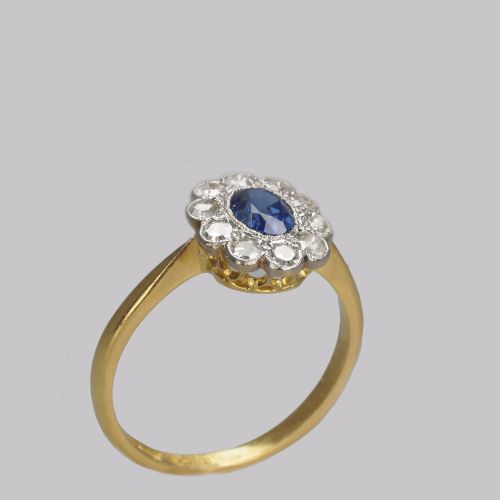VINTAGE SAPPHIRE DIAMOND CLUSTER RING ANTIQUE 18CT GOLD ENGAGEMENT RING - ADDITIONAL PHOTO 1