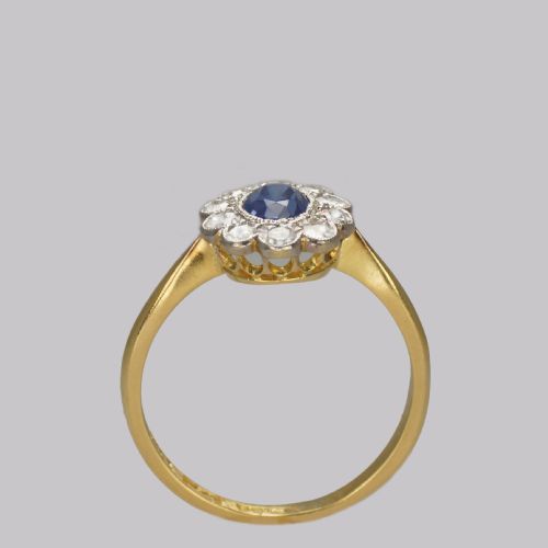 VINTAGE SAPPHIRE DIAMOND CLUSTER RING ANTIQUE 18CT GOLD ENGAGEMENT RING - ADDITIONAL PHOTO 2