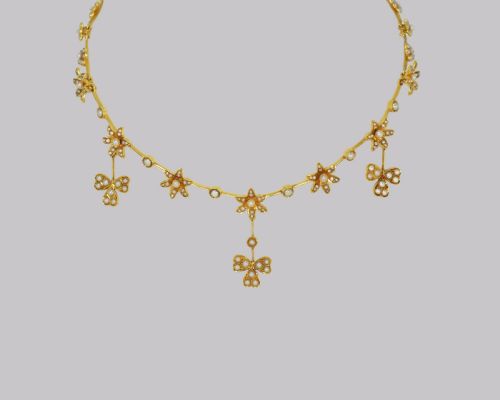 antique seed pearl necklace 15ct gold three leaf clover edwardian necklace circa 1910 - CATEGORY: ANTIQUE JEWELLERY - DATED EDWARDIAN