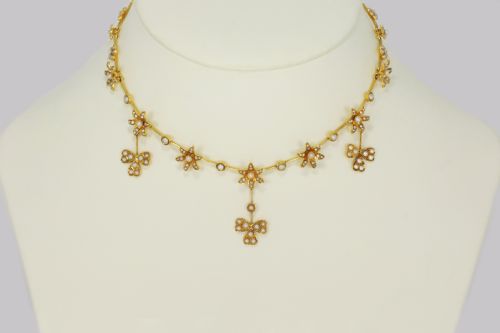 ANTIQUE SEED PEARL NECKLACE 15CT GOLD THREE LEAF CLOVER EDWARDIAN NECKLACE CIRCA 1910 - ADDITIONAL PHOTO 1