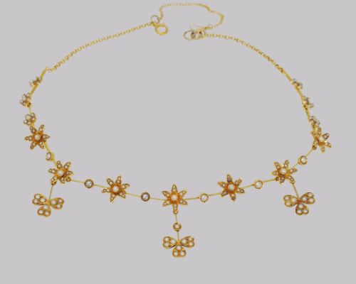 ANTIQUE SEED PEARL NECKLACE 15CT GOLD THREE LEAF CLOVER EDWARDIAN NECKLACE CIRCA 1910 - ADDITIONAL PHOTO 2