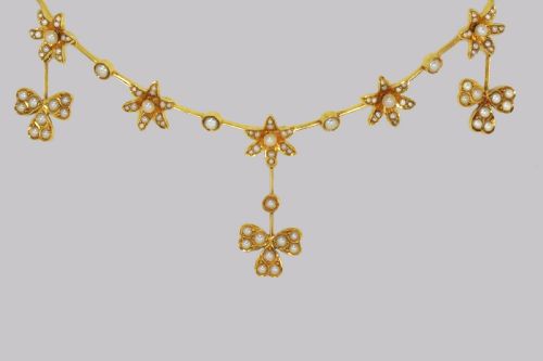 ANTIQUE SEED PEARL NECKLACE 15CT GOLD THREE LEAF CLOVER EDWARDIAN NECKLACE CIRCA 1910 - ADDITIONAL PHOTO 3