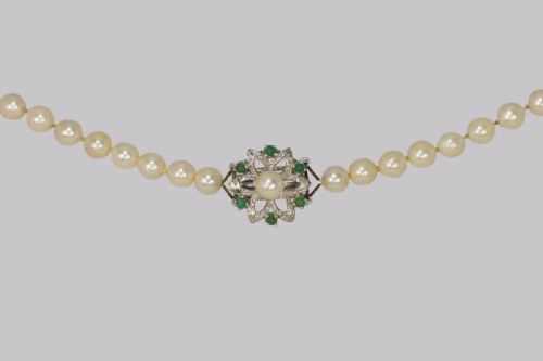 VINTAGE PEARL NECKLACE WITH TURQUOISE FLORAL CLASP 1960 S FRENCH NECKLACE 40 LONG - ADDITIONAL PHOTO 1