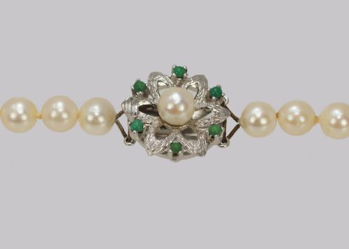VINTAGE PEARL NECKLACE WITH TURQUOISE FLORAL CLASP 1960 S FRENCH NECKLACE 40 LONG - ADDITIONAL PHOTO 2