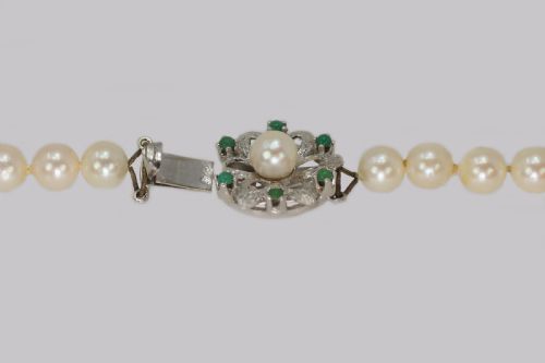 VINTAGE PEARL NECKLACE WITH TURQUOISE FLORAL CLASP 1960 S FRENCH NECKLACE 40 LONG - ADDITIONAL PHOTO 4