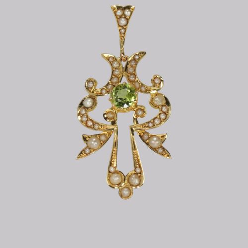 edwardian 15ct gold peridot pearl pendant antique art nouveau pendant circa 1910 - CATEGORY: ANTIQUE JEWELLERY - DATED EDWARDIAN