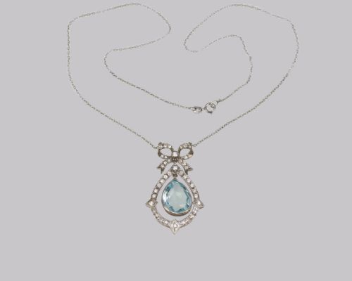 ANTIQUE AQUAMARINE DIAMOND NECKLACE PLATINUM BELLE EPOQUE ITALIAN PENDANT CIRCA 1910 - ADDITIONAL PHOTO 2