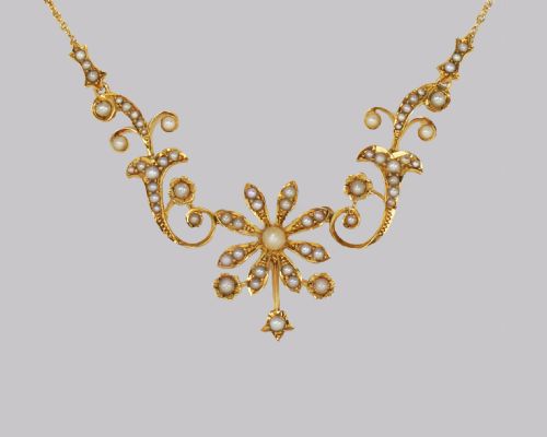 edwardian seed pearl necklace 9ct gold floral scroll antique necklace circa 1910 - CATEGORY: ANTIQUE JEWELLERY - DATED EDWARDIAN