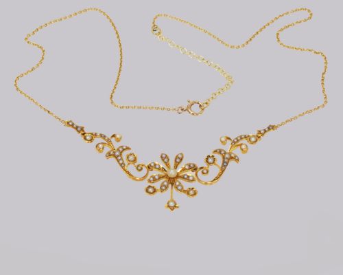 EDWARDIAN SEED PEARL NECKLACE 9CT GOLD FLORAL SCROLL ANTIQUE NECKLACE CIRCA 1910 - ADDITIONAL PHOTO 5