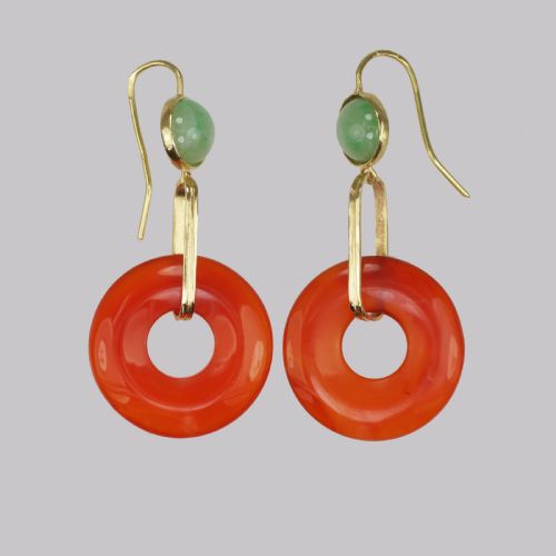 VINTAGE FRENCH DROP EARRINGS CARNELIAN JADE 18CT GOLD 1960S DANGLE EARRINGS - ADDITIONAL PHOTO 1