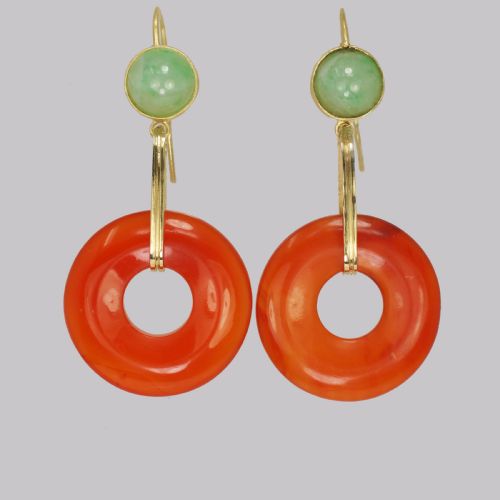 VINTAGE FRENCH DROP EARRINGS CARNELIAN JADE 18CT GOLD 1960S DANGLE EARRINGS - ADDITIONAL PHOTO 2