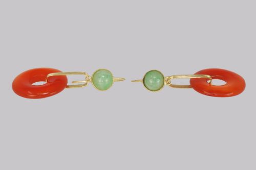 VINTAGE FRENCH DROP EARRINGS CARNELIAN JADE 18CT GOLD 1960S DANGLE EARRINGS - ADDITIONAL PHOTO 3