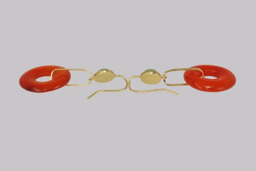 VINTAGE FRENCH DROP EARRINGS CARNELIAN JADE 18CT GOLD 1960S DANGLE EARRINGS - ADDITIONAL PHOTO 4