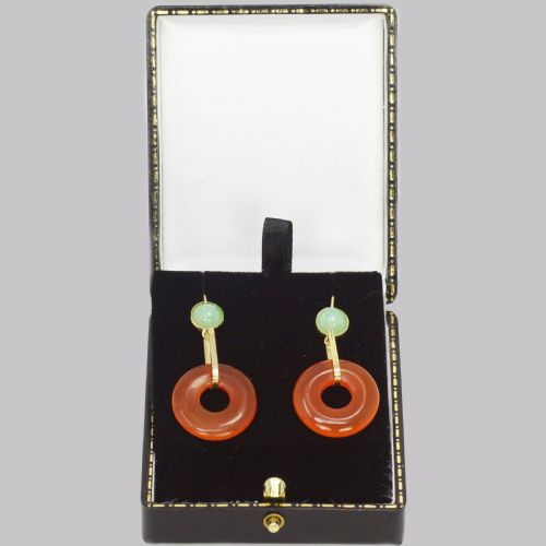 VINTAGE FRENCH DROP EARRINGS CARNELIAN JADE 18CT GOLD 1960S DANGLE EARRINGS - ADDITIONAL PHOTO 5