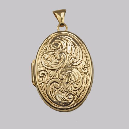 vintage 9ct gold scroll patterned locket oval engraved 1960s yellow gold pendant - CATEGORY: ANTIQUE JEWELLERY - DATED 1960